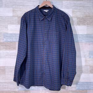 CARBON2COBALT Long Sleeve Cotton Dobby Shirt Blue Brown Plaid Mens 2XL XXL